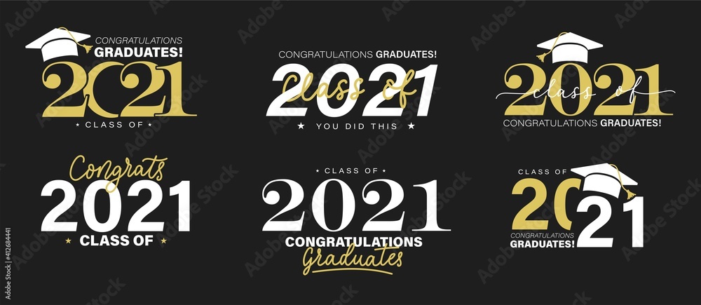 Class of 2021 vector badges set. Congrats graduates concept. Black, gold and white graduation logo collection. - obrazy, fototapety, plakaty 