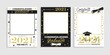 Class of 2021. Graduation party photo booth props set. Photo frame for grads with caps and scrolls. Congratulations graduates concept with lettering. Vector illustration. Gold and black grad design.