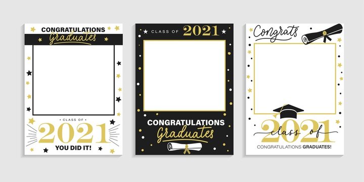 Wall Mural - Class of 2021. Graduation party photo booth props set. Photo frame for grads with caps and scrolls. Congratulations graduates concept with lettering. Vector illustration. Gold and black grad design.