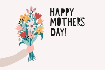 Happy Mother's day greeting card design template with arm holding a bunch of flowers. Hand drawn poster, flyer or card vector illustration with lettering in trendy contemporary art style.