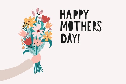 Wall Mural - Happy Mother's day greeting card design template with arm holding a bunch of flowers. Hand drawn poster, flyer or card vector illustration with lettering in trendy contemporary art style.