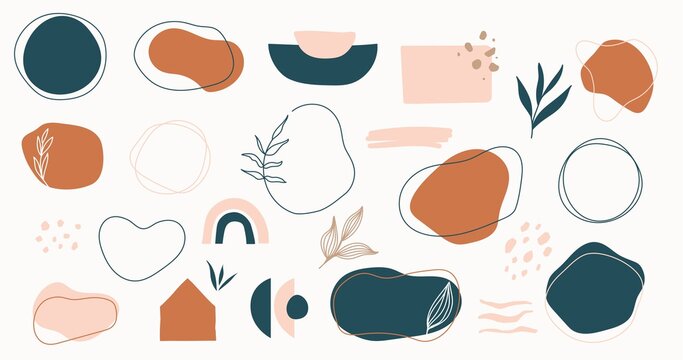Wall Mural - Set of hand drawn shapes in terracotta, navy blue and blush pink colors. Collection of organic shapes, logo, backgrounds,abstract design elements with floral decor.Vector illustration in earthy colors