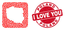 Vector Collage Poland Map Of Love Heart Items And Grunge Love Stamp. Collage Geographic Poland Map Constructed As Stencil From Rounded Square Shape With Love Hearts.