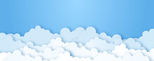 Clouds On Blue Sky Banner. White Cloud On Blue Sky In Paper Cut Style. Clouds On Transparent Background. Vector Paper Clouds.White Cloud On Blue Sky Paper Cut Design. Vector Paper Art Illustration