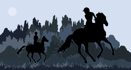 Wall Mural - girl rides horse in field, on grass, isolated image, black isolated silhouette on orange background, forest, clouds.	