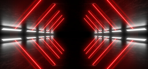 Wall Mural - Sci Fy neon lamps in a dark tunnel. Reflections on the floor and walls. 3d rendering image.