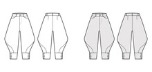 Riding Breeches Short Pants Technical Fashion Illustration With Knee Length, Normal Waist, High Rise, Curved Pocket. Flat Bottom Template Front, Back, White Grey Color Style. Women, Men CAD Mockup