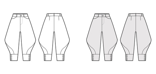 Riding breeches short pants technical fashion illustration with knee length, normal waist, high rise, curved pocket. Flat bottom template front, back, white grey color style. Women, men CAD mockup