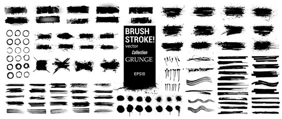 Ink stains, brush stroke and paint splashes in vector collection. Black artistic design elements, quote box, speech template, frames for text, labels, logo. Paintbrush grunge. Street art template set