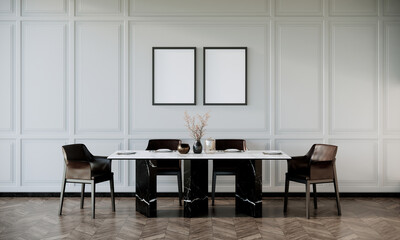 Wall Mural - vertical picture frames mock up in modern retro dinning room interior with black chairs and dining table with wooden floor and white wall, 3d rendering	
