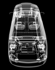 Poster - X-ray of electric car with chassis. 3D illustration