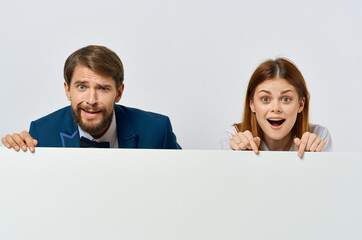 funny business man and woman presentation advertising white banner