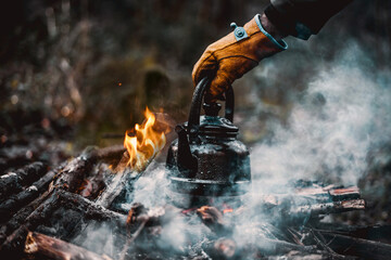 Wall Mural - Old kettle in bushcraft camping