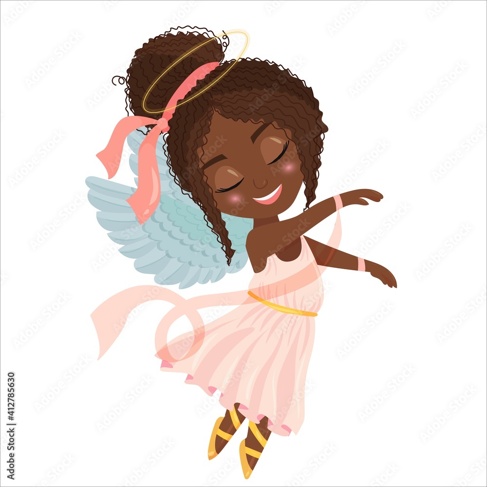 Cute cartoon black girl angel in a pink dress with ribbons. African  American child dancing ballet dressed as an angel. Vector illustration  isolated on white background. Stock Vector | Adobe Stock, image size:1000x1000