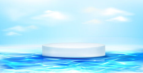 White round podium floating on blue water surface. Vector realistic 3d mockup of circle platform, empty pedestal for display product. Template of empty 3d stand on background of sea and sky