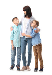 Poster - Happy mother and cute children on white background