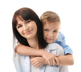 Poster - Portrait of happy mother and son on white background