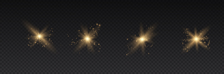 set of bright star. yellow glowing light explodes on a transparent background. transparent shining s
