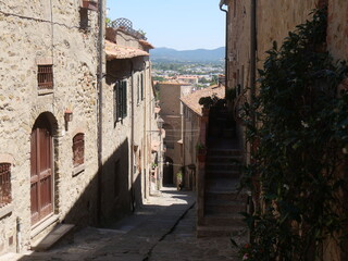 Wall Mural - Typical medieval street of Castiglione della Pescaia, squeezed between the houses covered with flowers and vegetation.