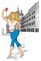 Wall Mural - Girl tourist makes selfie in Krakow, Poland. St. Mary's Church and the Main Market Square in background.