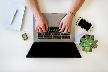 Wall Mural - a male programmer works in front of a laptop screen in a bright office or remotely from home. workpl
