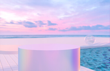 Leinwandbilder - Abstract summer beach scene with a podium and swimming pool background. 3d render.