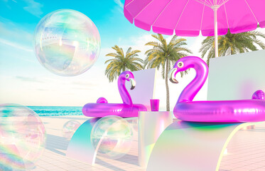 Leinwandbilder - Abstract summer beach scene with pink flamingo on relax chairs background. 3d render.