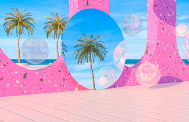 Poster - Abstract summer beach scene with swimming pool background. 3d render.