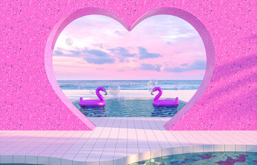 Leinwandbilder - Abstract summer beach scene with pink flamingo in swimming pool background. 3d render.