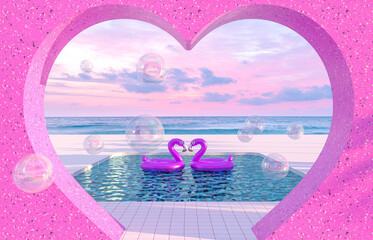 Leinwandbilder - Abstract summer beach scene with pink flamingo in swimming pool background. 3d render.