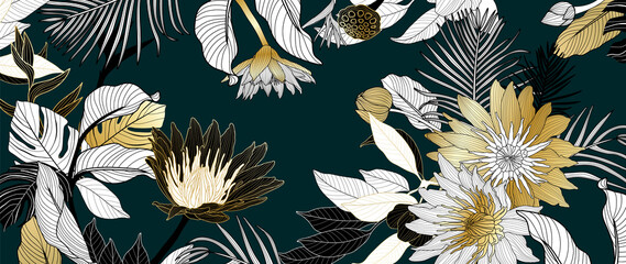 Luxury golden lotus background vector. Floral pattern with golden tropical flowers, split-leaf Philodendron plant ,monstera plant, Jungle plants line art on white background. 