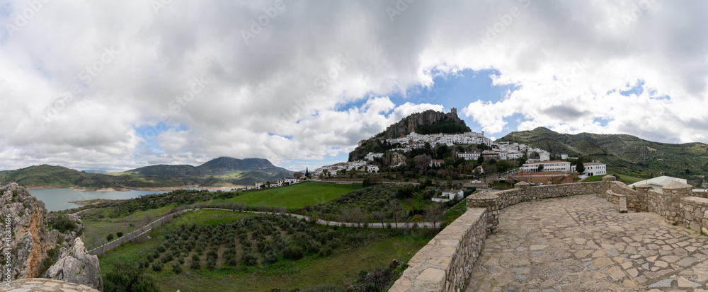 panorama view of the whitwashed Andalusian village of Zahara de la ...