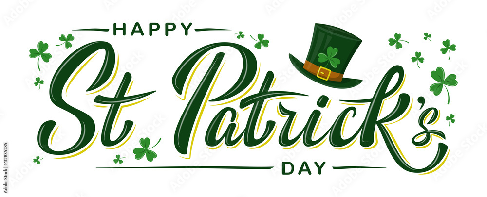 Vector Happy St Patrick's Day logotype. Hand sketched Irish celebration design with Leprechaun`s green hat and clover leaves isolated on white background. For greeting card, banner, flyer, poster - obrazy, fototapety, plakaty 