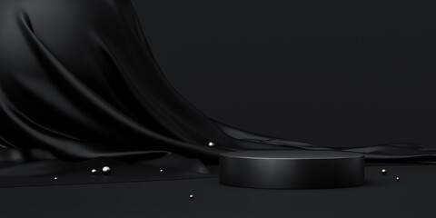Black product background stand or podium pedestal on luxury advertising display with blank backdrops. 3D rendering.