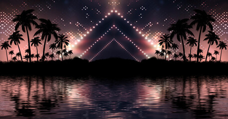 Night landscape with palm trees, against the backdrop of a neon sunset, stars. Silhouette coconut palm trees on beach at sunset. Space futuristic neon landscape. Beach party. 3D illustration.