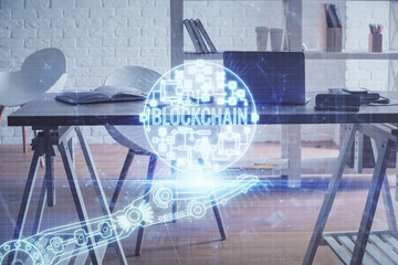 Double exposure of crypto technology theme drawing and office interior background. Concept of blockchain.