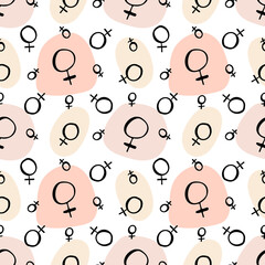seamless pattern with doodle style black ink planet venus sign and geometric shapes in pink neutral 