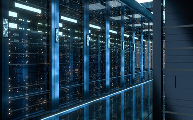 server racks in computer network security server room data center, 3d rendering.