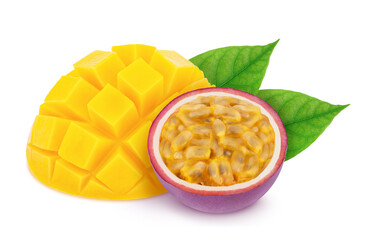 Wall Mural - Colourful composition with cutted tropical fruits - passion fruit and mango isolated on a white with clipping path.