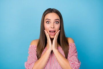 Sticker - Portrait of astonished girl impressed touch hands face shout wear stylish modern outfit isolated over blue color background