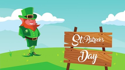 Wall Mural - happy saint patricks day lettering in wooden label with leprechaun character