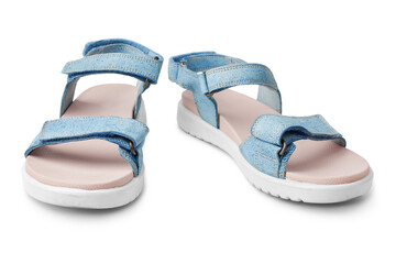 Blue female leather sandals, velcro straps, flat sole white background isolated closeup front side view, women sandal shoes, pair fashion summer sandals, two comfortable boots, casual walking footwear