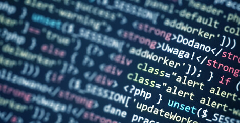 colorful programming php and html code on a monitor. php language code closeup. backend programming,