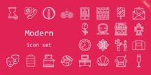 Modern Icon Set. Line Icon Style. Modern Related Icons Such As Hangar, Tv Table, Comedy, Seashell, Father, Pattern, Wall Clock, Telephone, Store, Champagne Glass, Trolley, Robot, Ereader, Sale