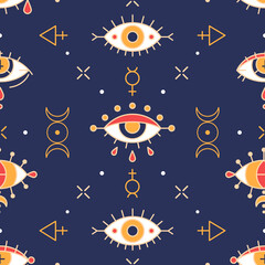 Wall Mural - Seamless wicca pattern with esoteric eyes and Triple Goddess symbol. Providence and shamanism - esoteric print design. Fortune teller or Gypsy - pagan and occult seamless ornament with evil eyes