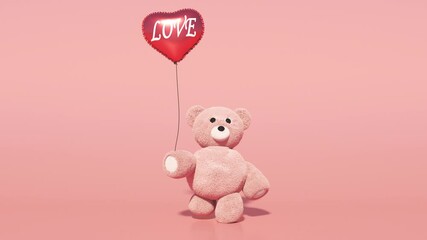 teddy bear with red heart shaped balloon. on a pink screen. toy bear walking seamless loop. animatio