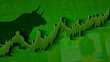 The stock market is bullish. A green ascending bar chart and a black silhouette of a bull on a green background shows an upward price movement in the stock market.