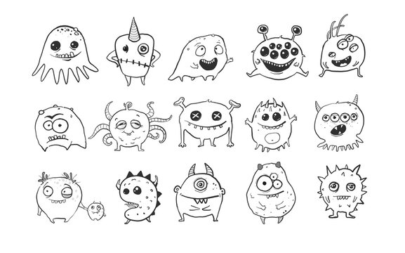 Collection of cute doodle monsters on white background.  Microbe and bacteria doodles. 