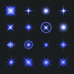 Wall Mural - Collection of glowing lights in blue. Bright stars, flashes of light, isolated on a transparent background. Vector illustration