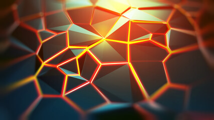 Poster - Hexagonal, polygonal, chaotic, tech background. 3D illustration of cracks on surface. Red-hot matter, lava, and a gap in space. Digital technology, hi-tech, network poster, futuristic wallpaper